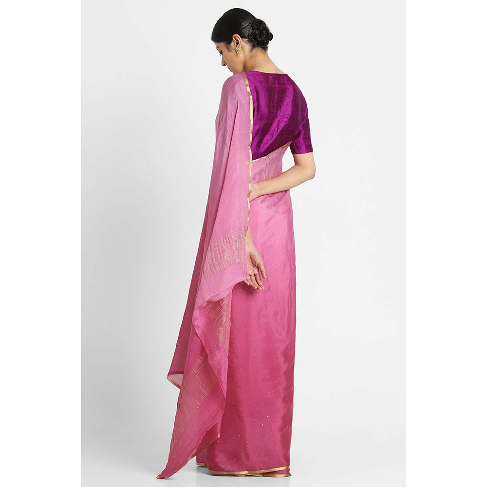 Via East Onion Pink Ombre Mukaish Crepe Saree with Unstitched Blouse