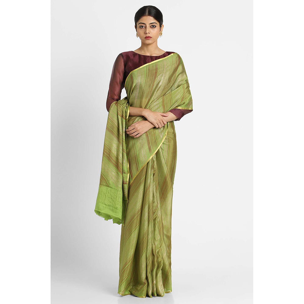 Via East Green Brush Print Crepe Saree with Unstitched Blouse