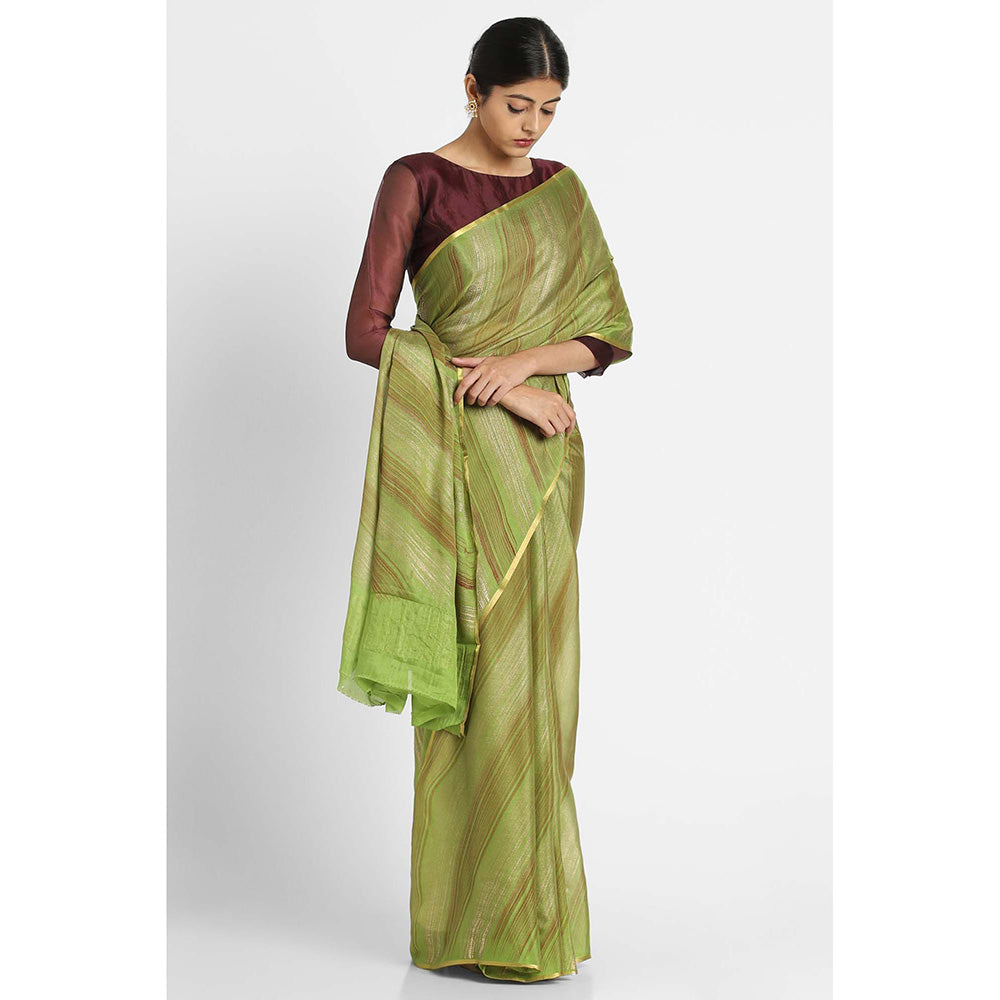 Via East Green Brush Print Crepe Saree with Unstitched Blouse