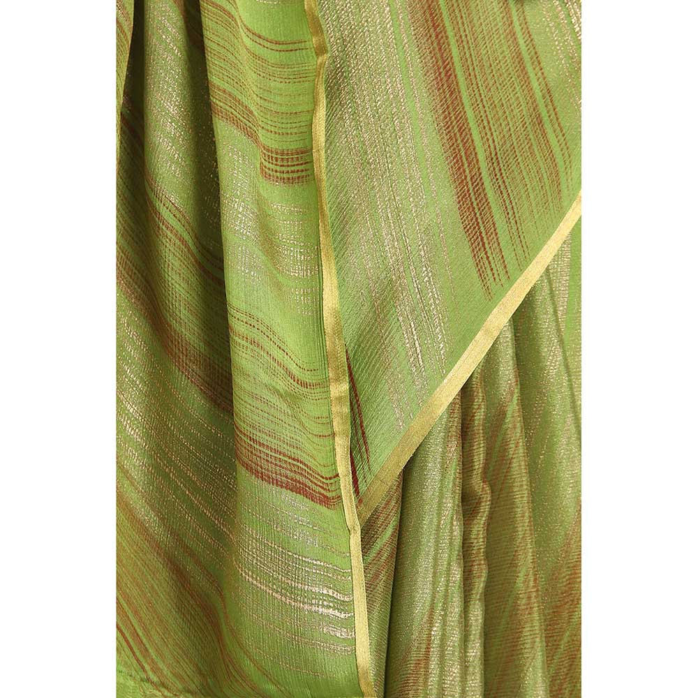 Via East Green Brush Print Crepe Saree with Unstitched Blouse
