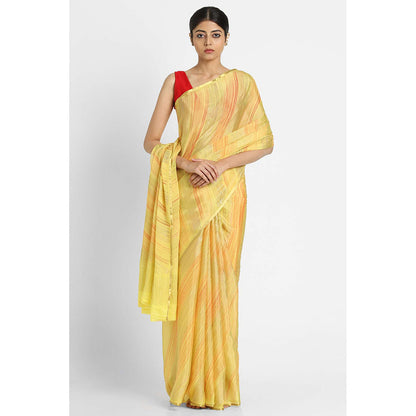 Via East Yellow Brush Print Crepe Saree with Unstitched Blouse