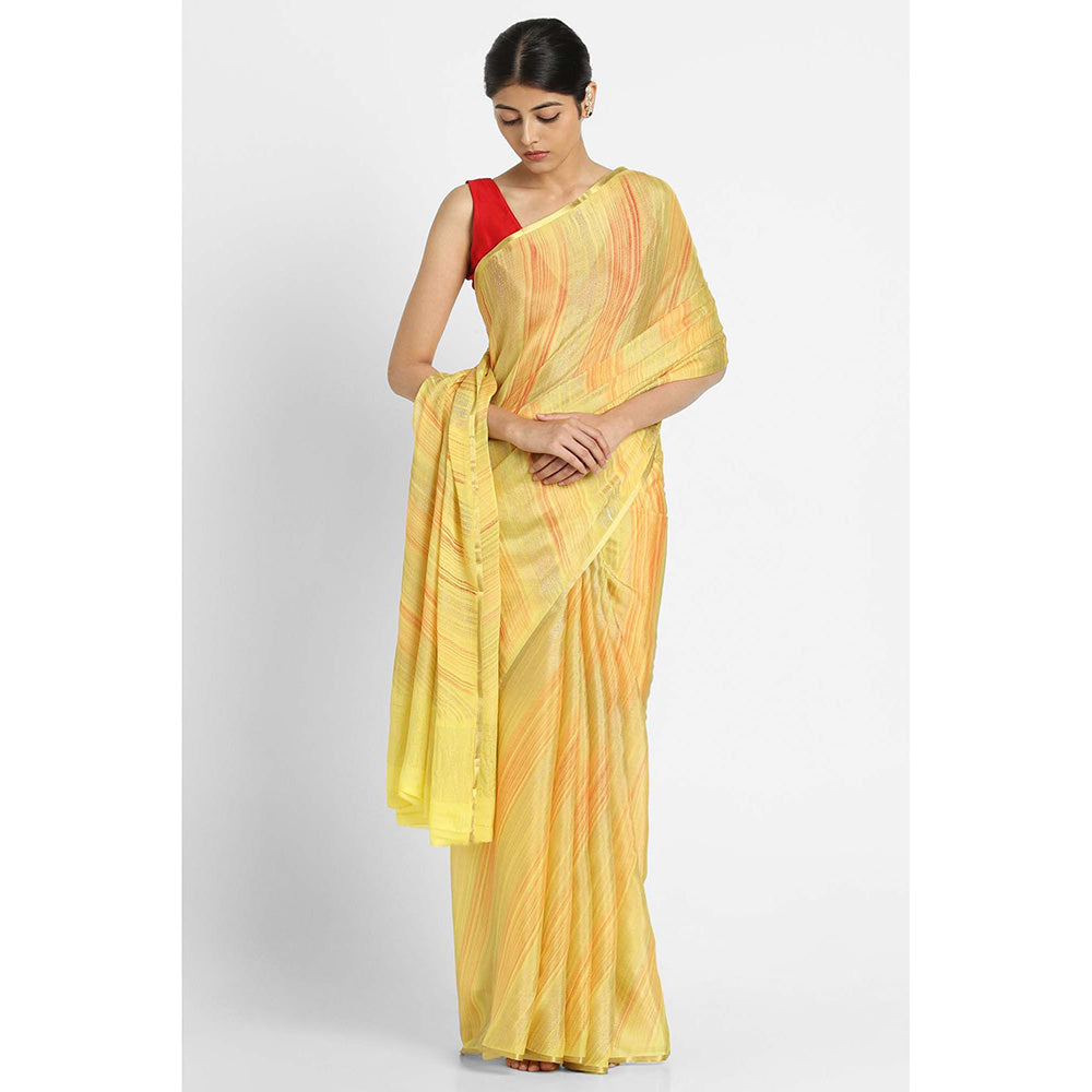 Via East Yellow Brush Print Crepe Saree with Unstitched Blouse