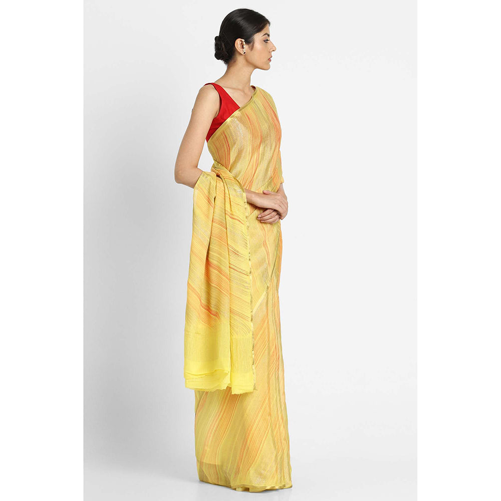 Via East Yellow Brush Print Crepe Saree with Unstitched Blouse