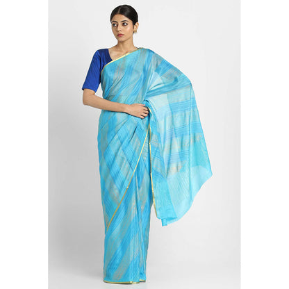 Via East Blue Brush Print Crepe Saree with Unstitched Blouse
