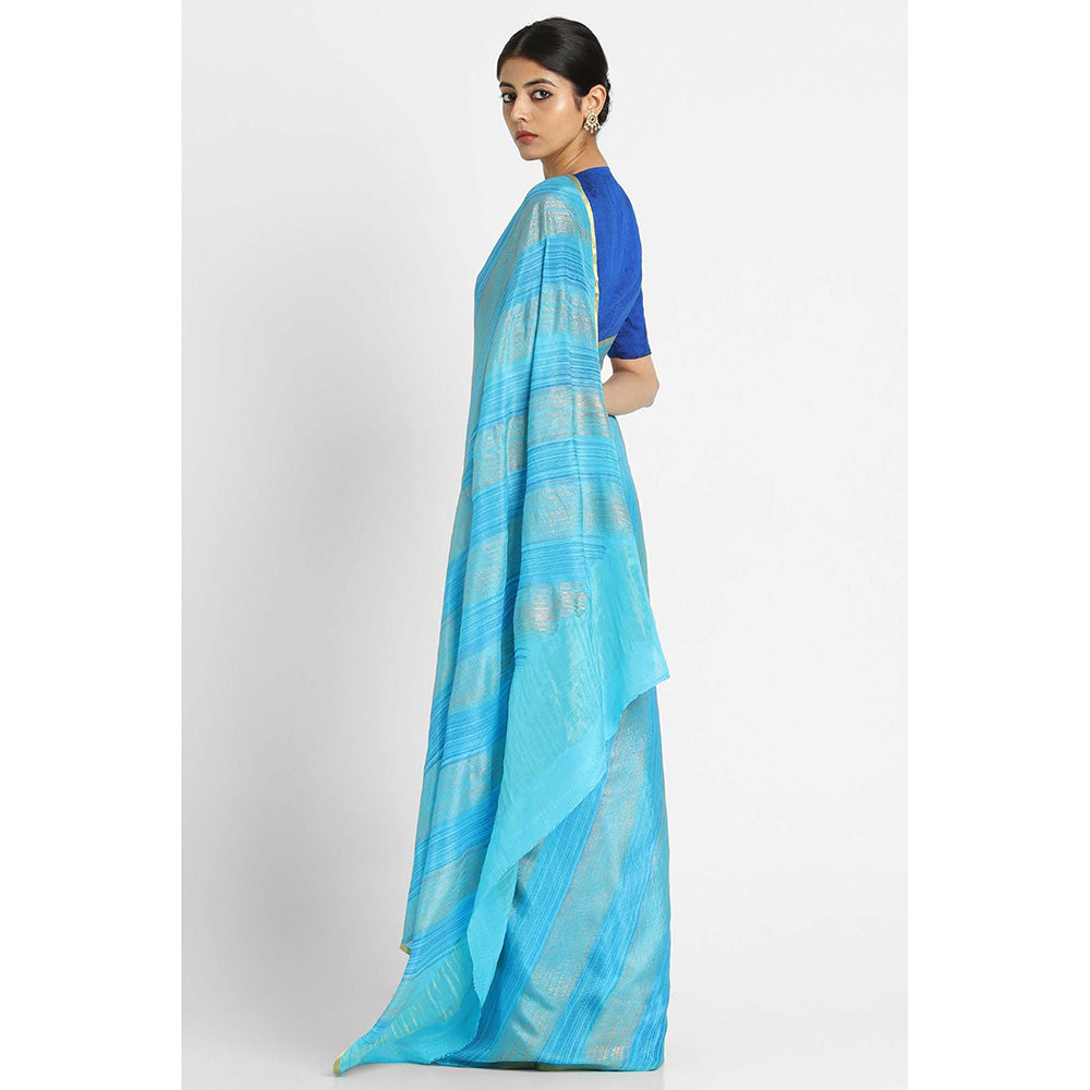 Via East Blue Brush Print Crepe Saree with Unstitched Blouse