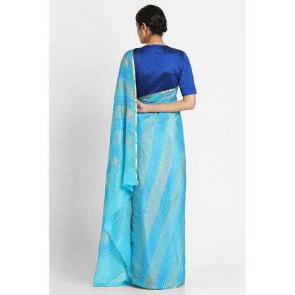 Via East Blue Brush Print Crepe Saree with Unstitched Blouse