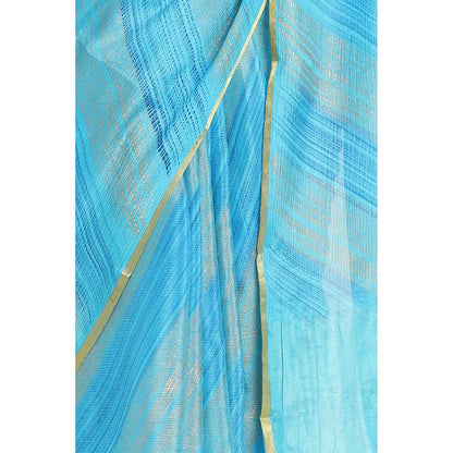 Via East Blue Brush Print Crepe Saree with Unstitched Blouse