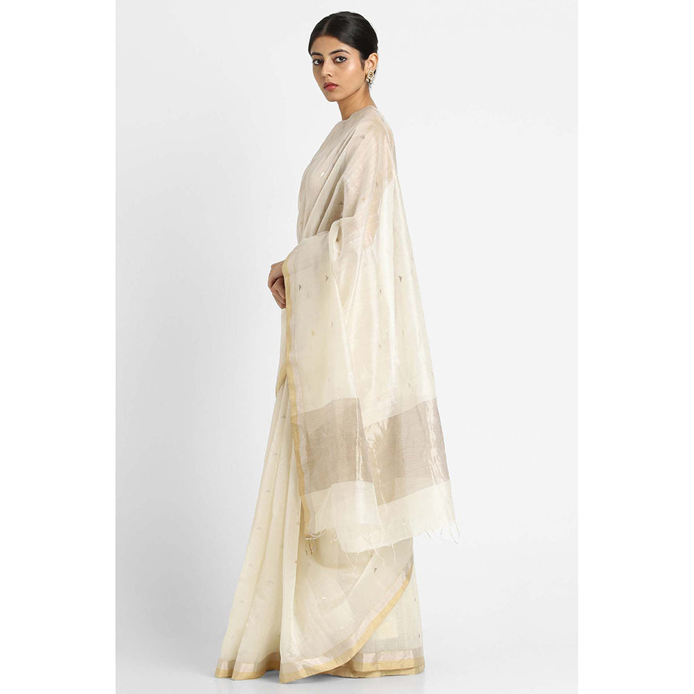Via East Ivory Soha Buti Silk Chanderi Saree with Unstitched Blouse