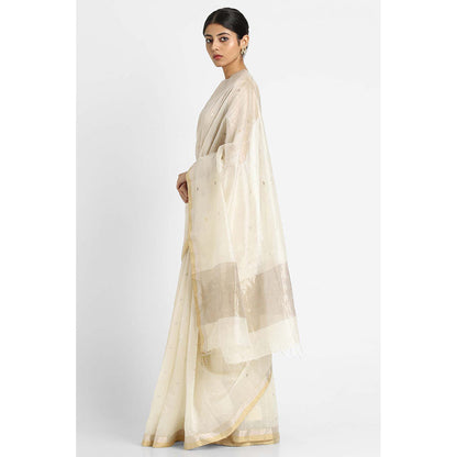 Via East Ivory Soha Buti Silk Chanderi Saree with Unstitched Blouse