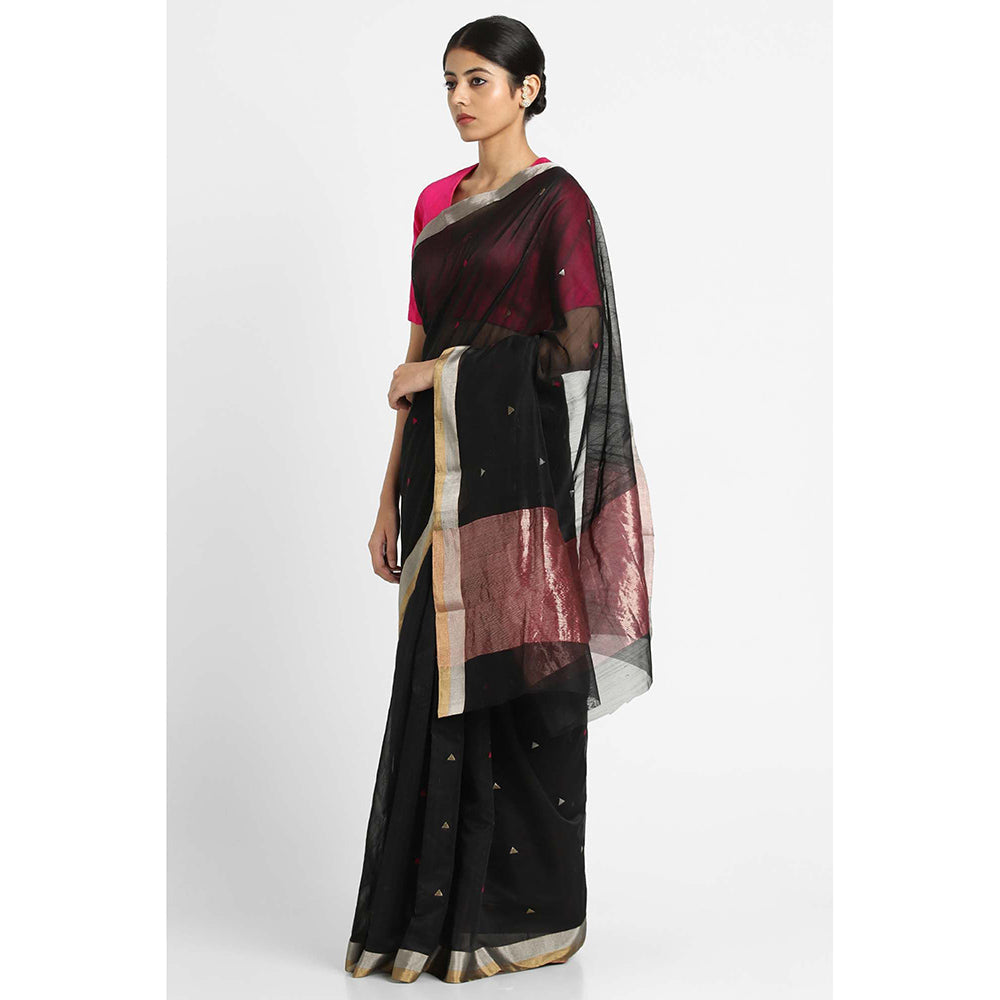 Via East Black Soha Buti Silk Chanderi Saree with Unstitched Blouse