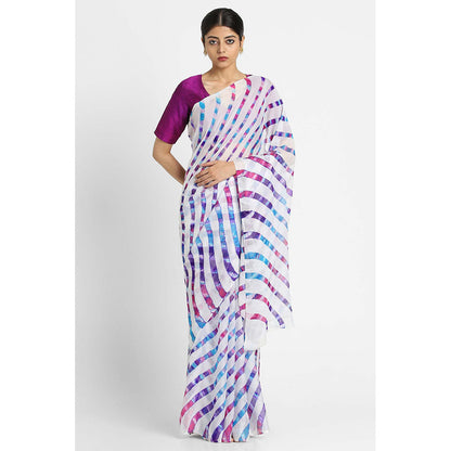 Via East White Basant Chiffon Multi Leheriya Saree with Unstitched Blouse