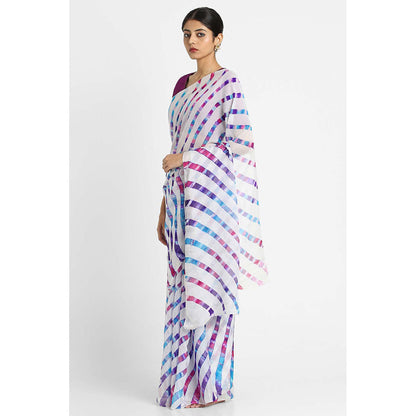 Via East White Basant Chiffon Multi Leheriya Saree with Unstitched Blouse