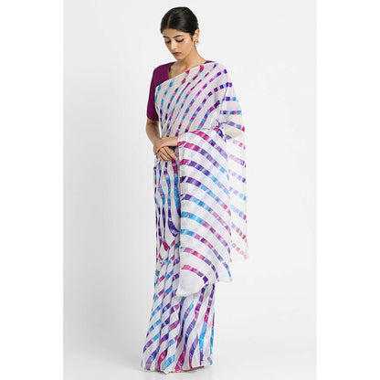 Via East White Basant Chiffon Multi Leheriya Saree with Unstitched Blouse