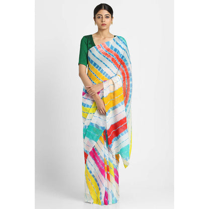 Via East White Basant Chiffon Multi Leheriya Saree with Unstitched Blouse