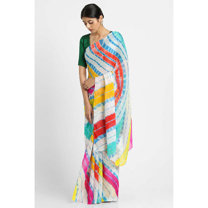 Via East White Basant Chiffon Multi Leheriya Saree with Unstitched Blouse