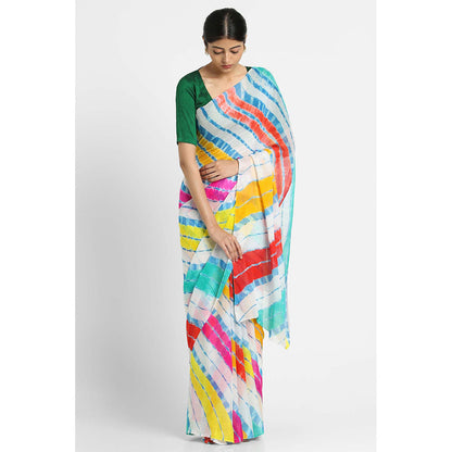 Via East White Basant Chiffon Multi Leheriya Saree with Unstitched Blouse