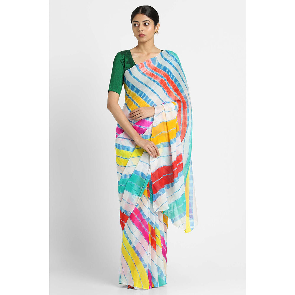 Via East White Basant Chiffon Multi Leheriya Saree with Unstitched Blouse