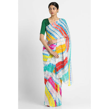 Via East White Basant Chiffon Multi Leheriya Saree with Unstitched Blouse