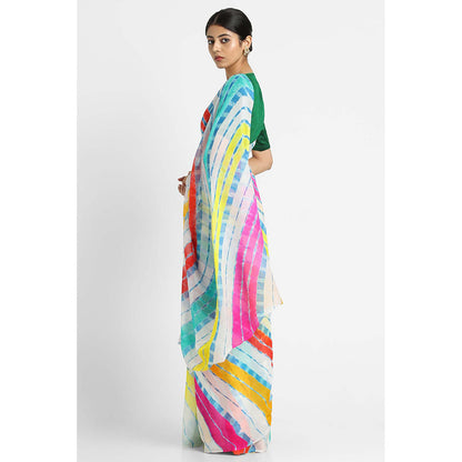 Via East White Basant Chiffon Multi Leheriya Saree with Unstitched Blouse