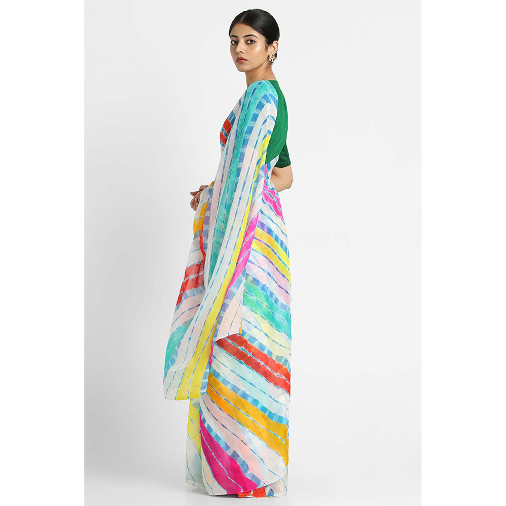 Via East White Basant Chiffon Multi Leheriya Saree with Unstitched Blouse