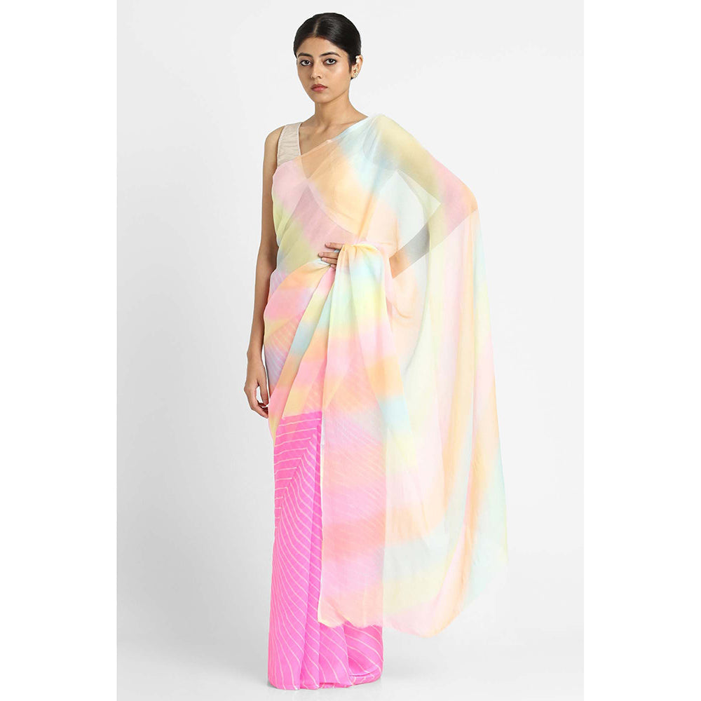 Via East Pink Chiffon Samudri Leheriya Saree with Unstitched Blouse