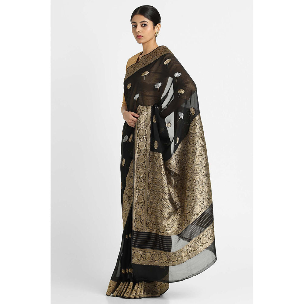 Via East Black Kusum Georgette Banarasi Saree with Unstitched Blouse