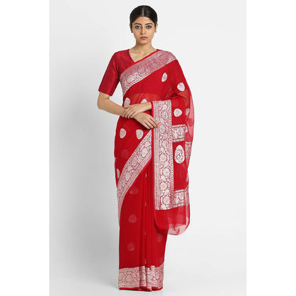 Via East Red Georgette Banarasi Saree with Unstitched Blouse