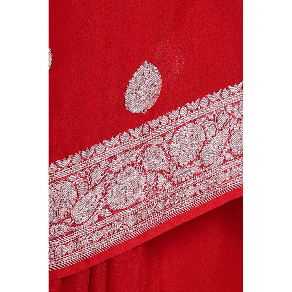 Via East Red Georgette Banarasi Saree with Unstitched Blouse
