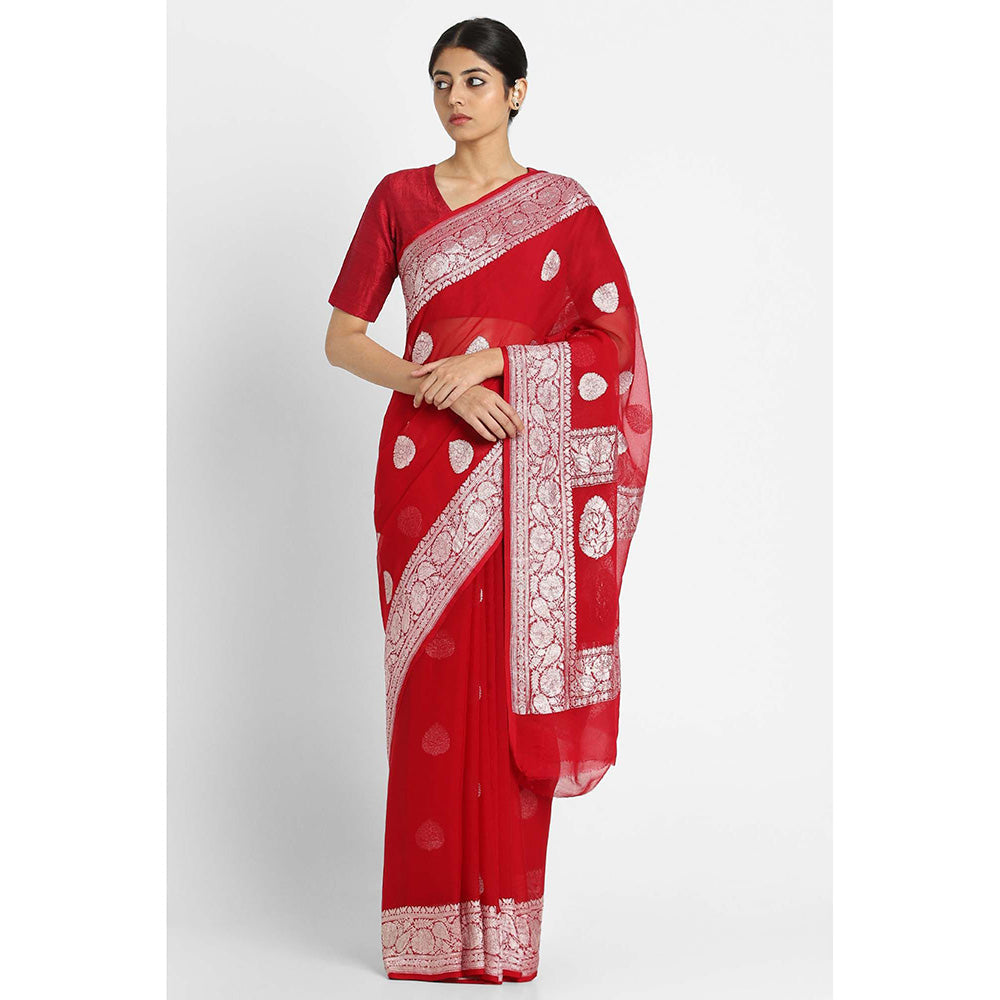 Via East Red Georgette Banarasi Saree with Unstitched Blouse