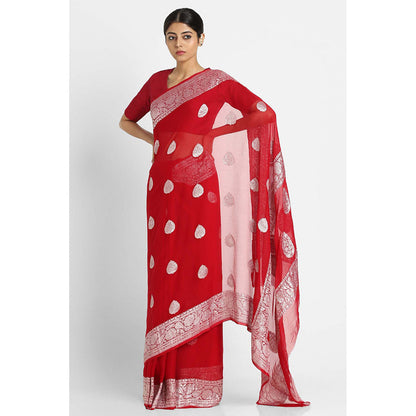 Via East Red Georgette Banarasi Saree with Unstitched Blouse