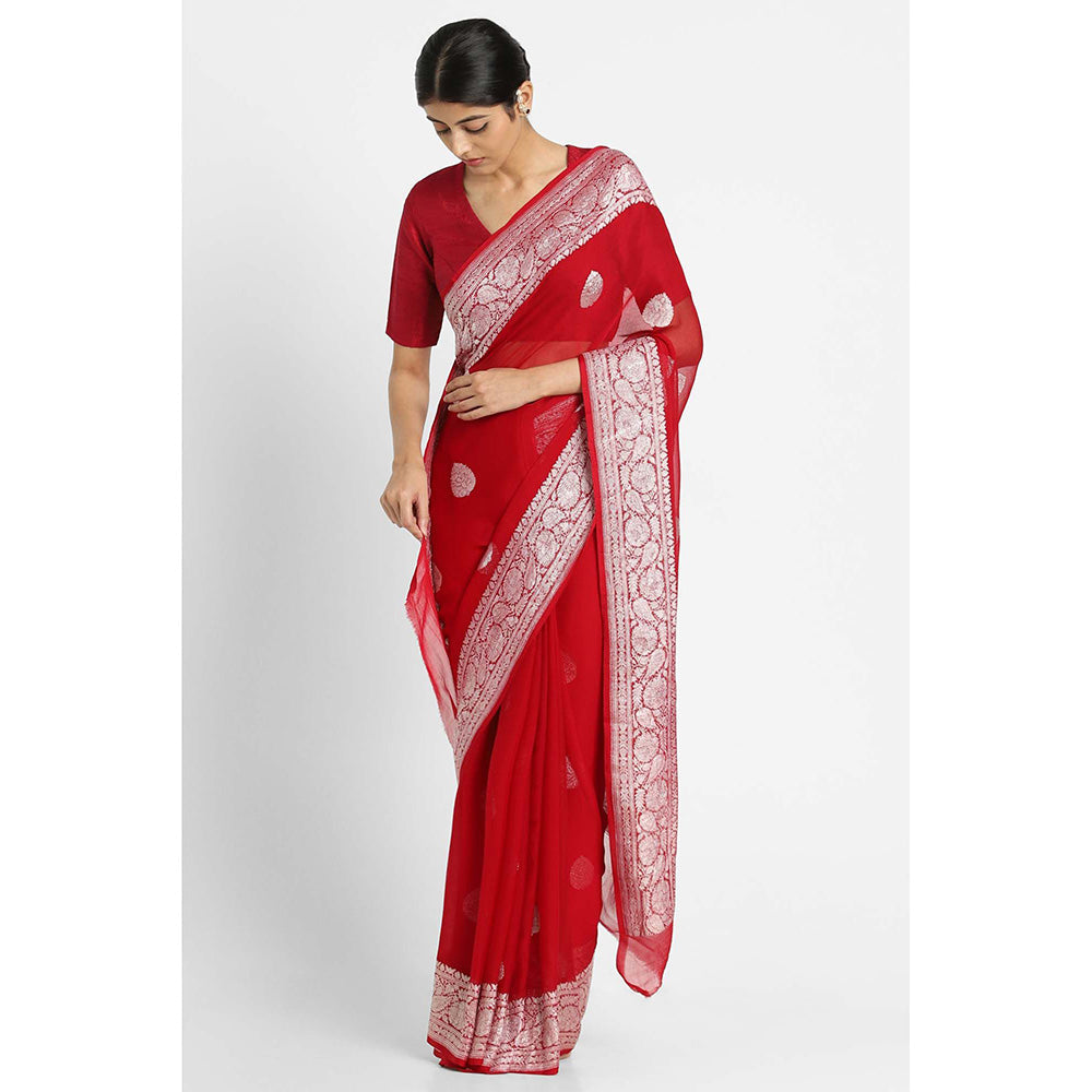 Via East Red Georgette Banarasi Saree with Unstitched Blouse