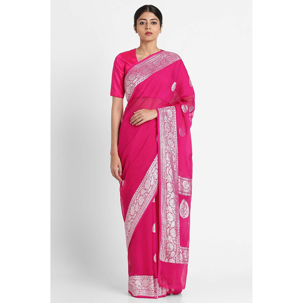 Via East Pink Georgette Banarasi Saree with Unstitched Blouse