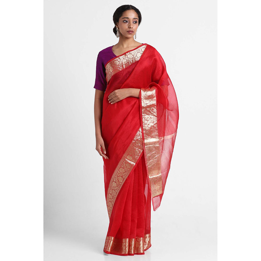 Via East Red Organza Banarasi Saree with Unstitched Blouse
