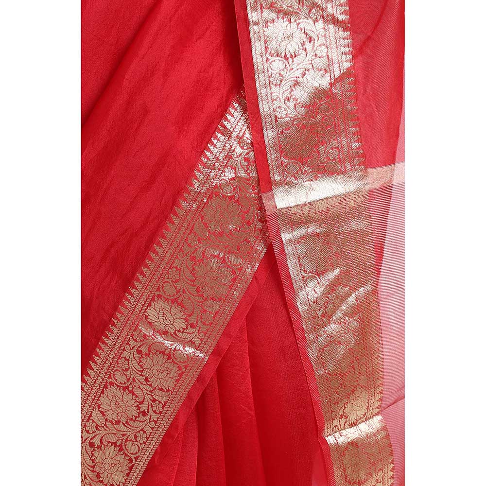 Via East Red Organza Banarasi Saree with Unstitched Blouse