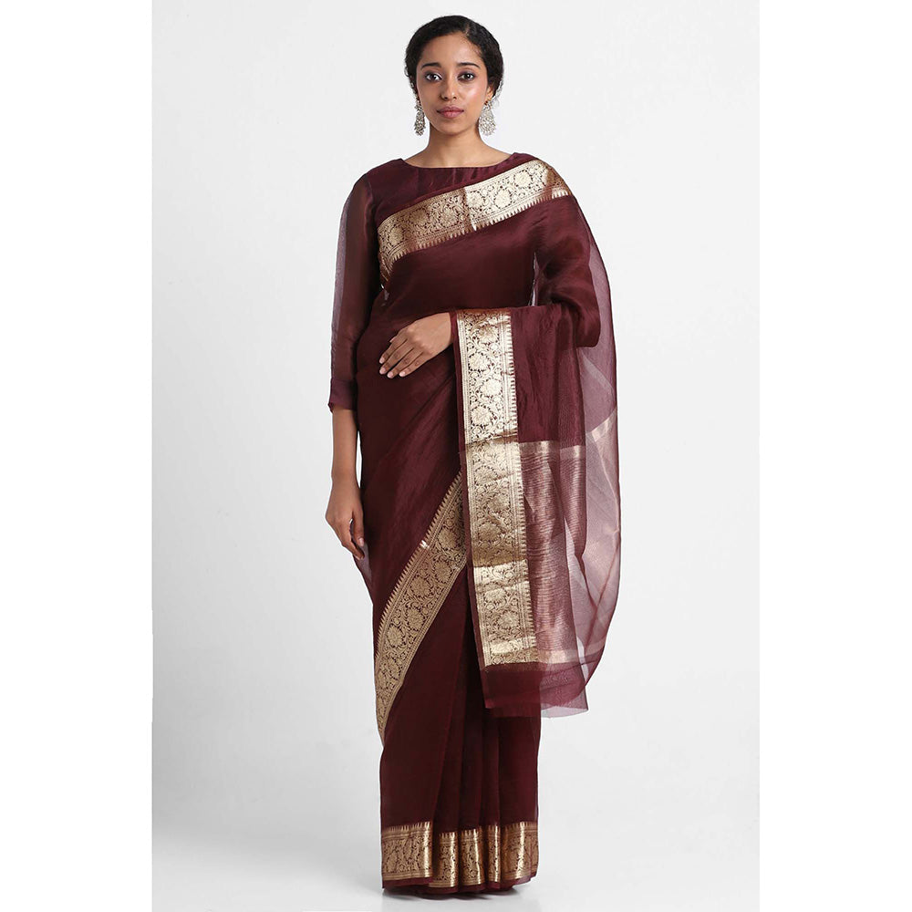 Via East Brown Organza Banarasi Saree with Unstitched Blouse