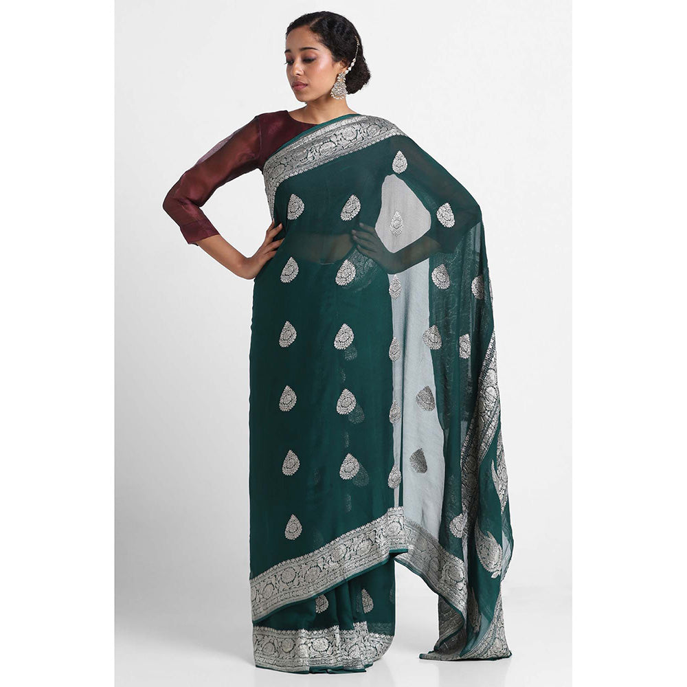 Via East Green Georgette Banarasi Saree with Unstitched Blouse