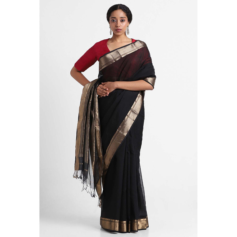 Via East Black Silk Cotton Maheshwari Saree with Unstitched Blouse