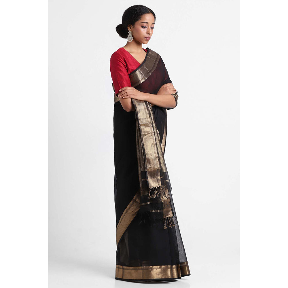 Via East Black Silk Cotton Maheshwari Saree with Unstitched Blouse