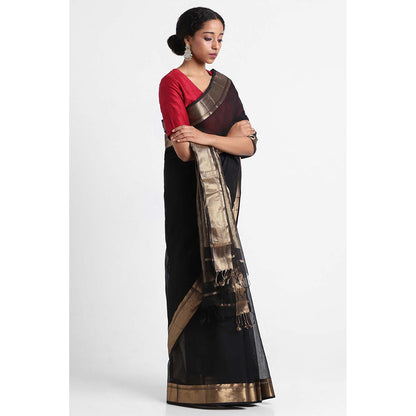 Via East Black Silk Cotton Maheshwari Saree with Unstitched Blouse