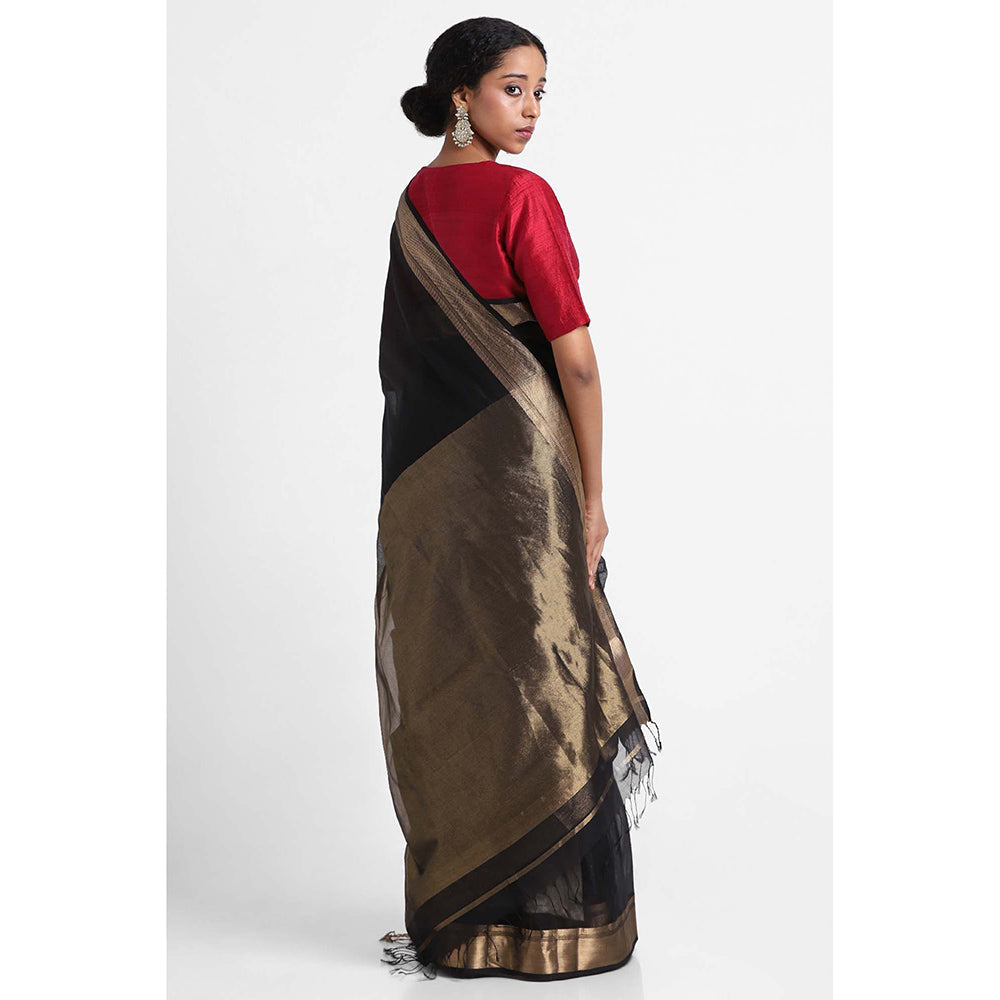 Via East Black Silk Cotton Maheshwari Saree with Unstitched Blouse