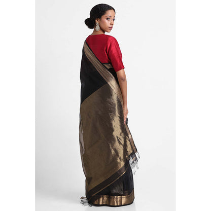 Via East Black Silk Cotton Maheshwari Saree with Unstitched Blouse