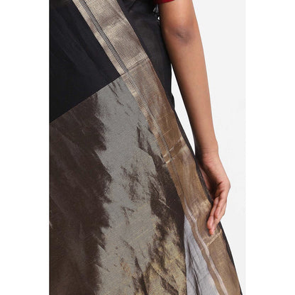Via East Black Silk Cotton Maheshwari Saree with Unstitched Blouse