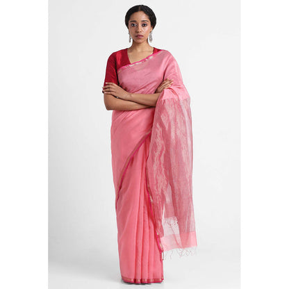 Via East Light Pink Silk Cotton Maheshwari Saree with Unstitched Blouse