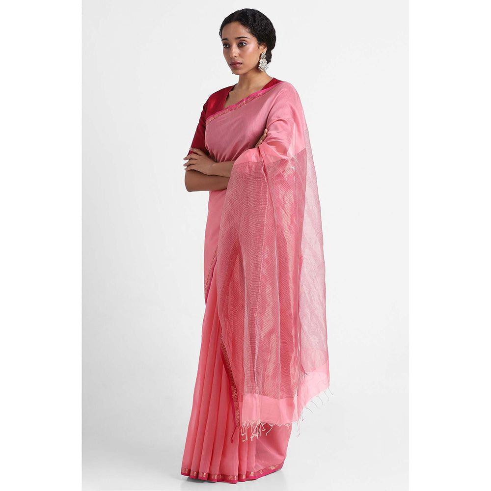 Via East Light Pink Silk Cotton Maheshwari Saree with Unstitched Blouse