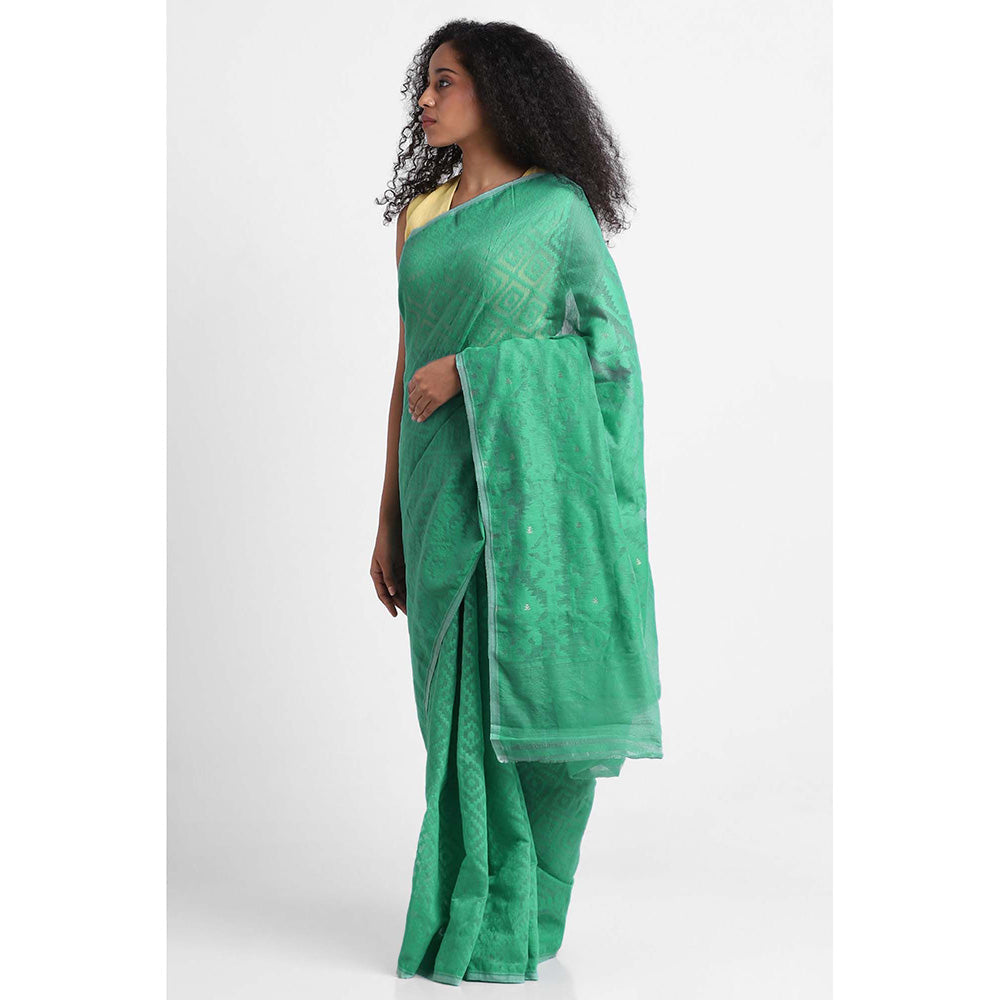 Via East Sea Green Cotton Jamdani Saree with Unstitched Blouse