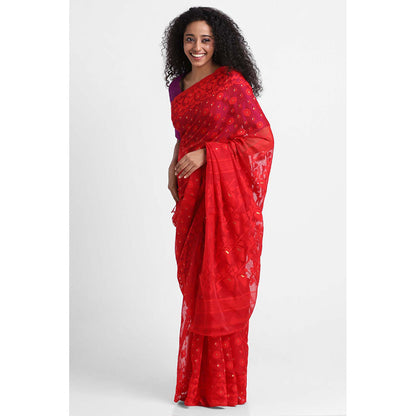Via East Red Cotton Jamdani Saree with Unstitched Blouse