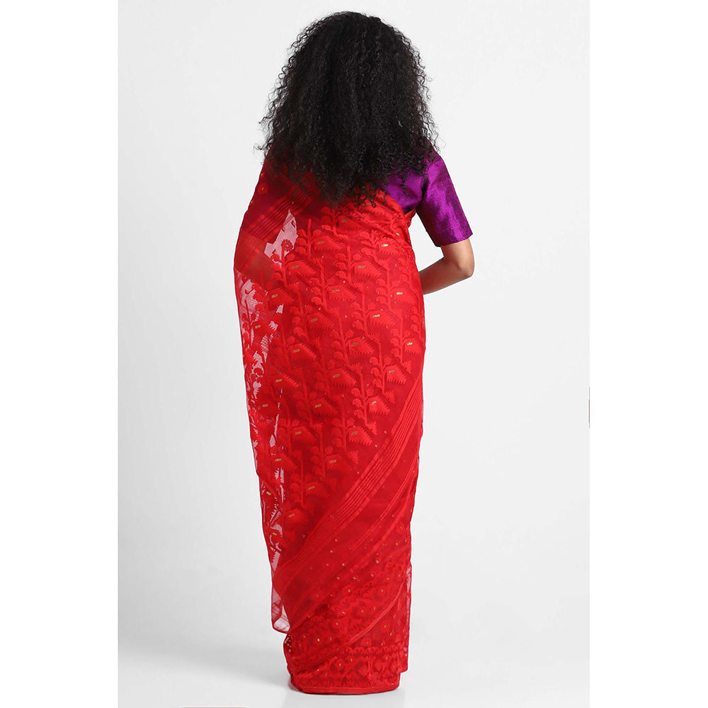 Via East Red Cotton Jamdani Saree with Unstitched Blouse
