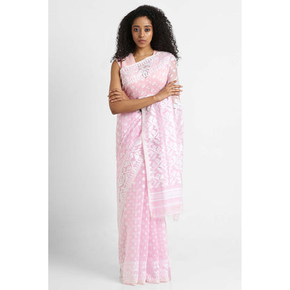 Via East Blush Pink Cotton Jamdani Saree with Unstitched Blouse