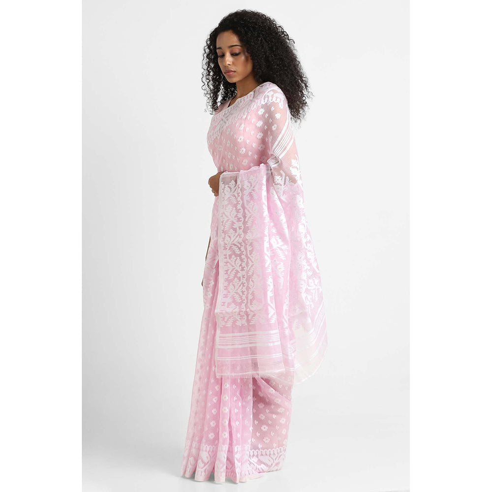 Via East Blush Pink Cotton Jamdani Saree with Unstitched Blouse