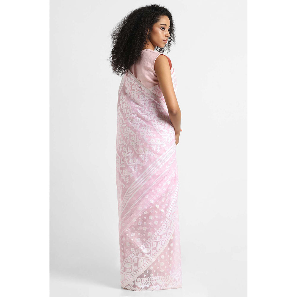 Via East Blush Pink Cotton Jamdani Saree with Unstitched Blouse